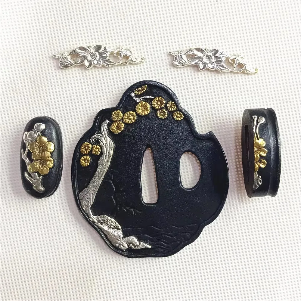 

Beautiful Set Copper Brass Guard Tsuba Fuchi Kashira for Japanese Samurai Sword Katana Tsuba Fittings W/ Plant Flowers