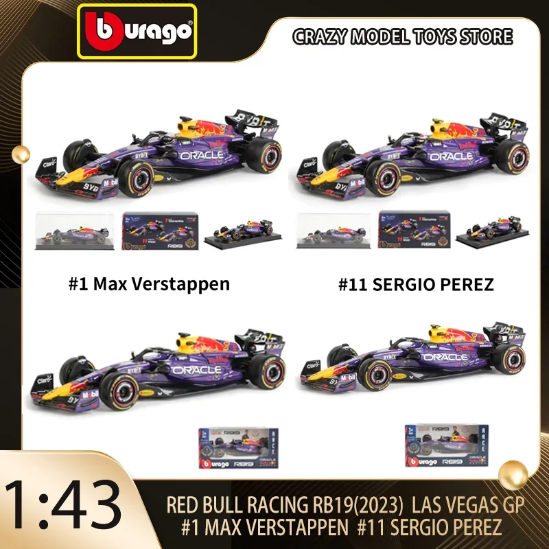 Bburago 1:43 Red Bull RB19 2023 LAS VEGAS GP 1 Max Verstappen 11 SERGIO PEREZ Литая под давлением модель автомобиля из сплава, коллекция формулы, подарок