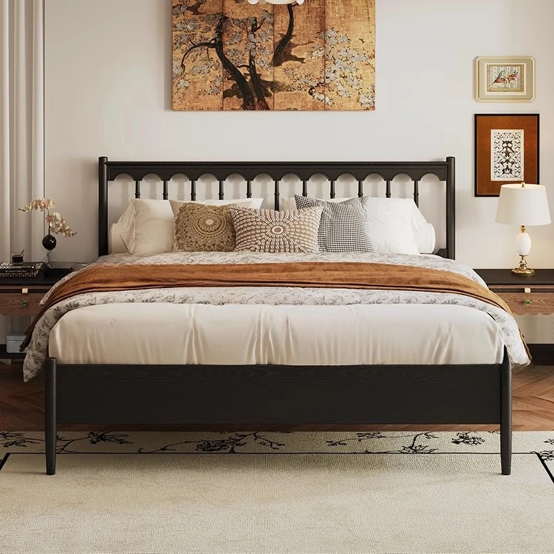 

Ash wood all solid wood bed black retro medieval small apartment space saving Nordic Japanese Windsor high bed off the ground