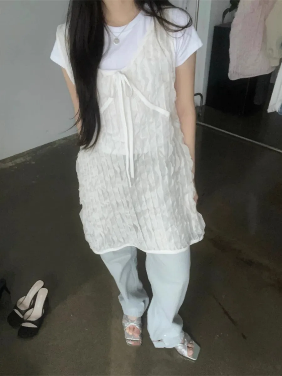 Colete v-ne feminino dr design exclusivo laço nó amarrado plissado verão faion camadas roupas vestido svel