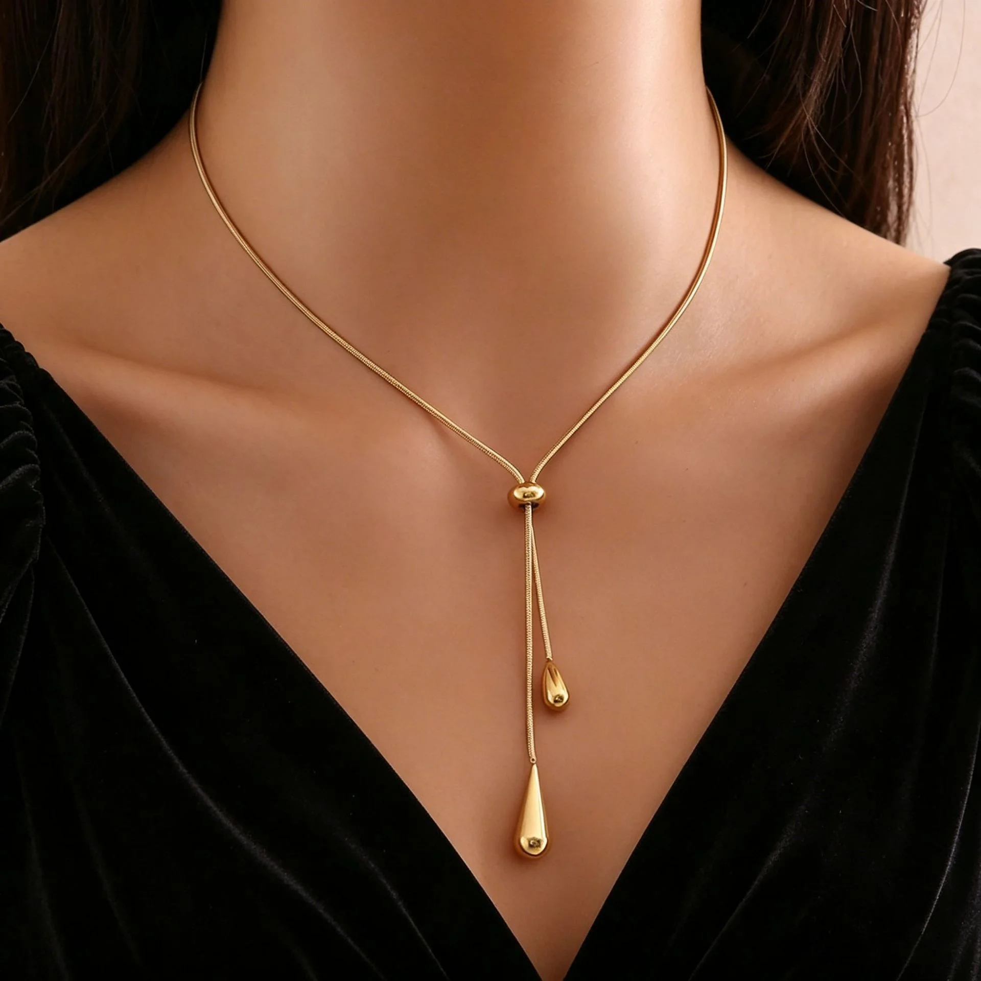 Colar de Aço Inoxidável Ajustável com Pingente de Gota D'água e Borla, Joia Feminina de Alta Qualidade para Casamento e Presentes