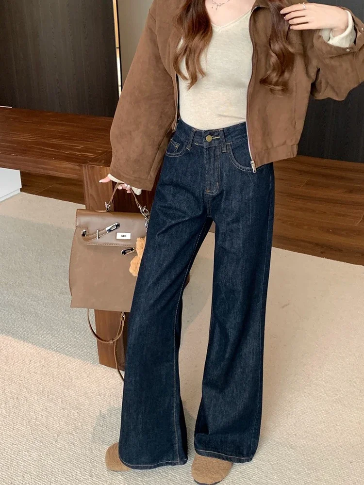 夏新アメリカンレトロ女性ジーンズシンプルなベーシックダークブルー Chicly パンツ女性のファッションストリートカジュアルハイウエスト女性ジーンズ