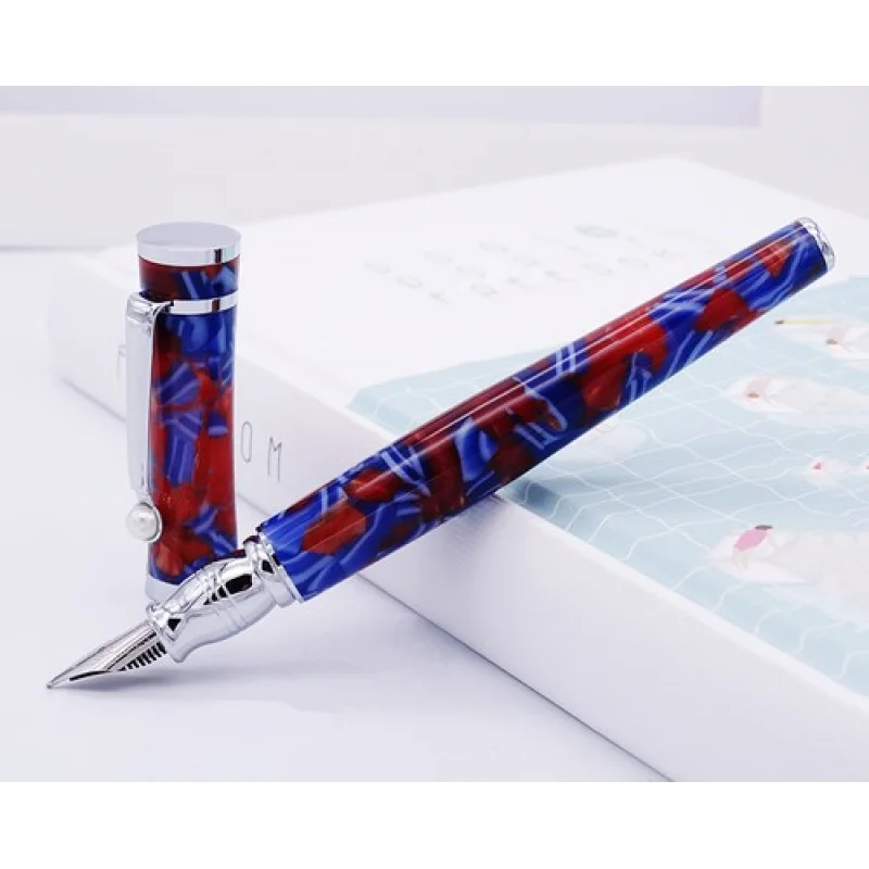 A+ Fuliwen Celluloid Fountain Pen Fashion Maple Leaf Blue  Red F Nib Writing Pen