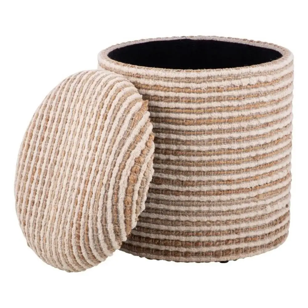 

Handwoven Fabric Storage Ottoman with Round Wooden Base Solid Wood Frame, Hidden Storage Pouf Stool Compact Foot Stool for Bedr