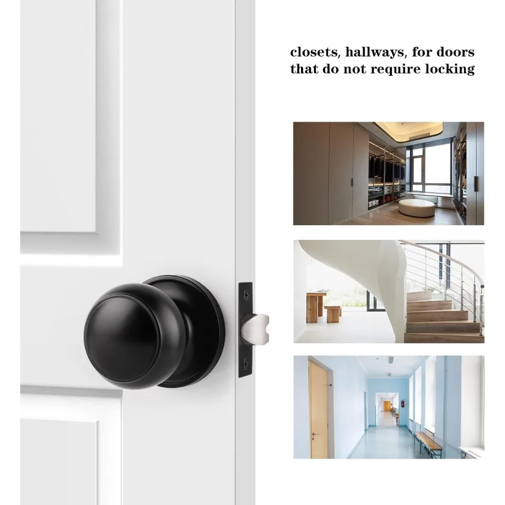 مقابض أبواب داخلية كروية مسطحة بدون مفتاح، مجموعة مرور سوداء غير لامعة للممر والخزانة، مقابض أبواب مكونة من 10 عبوات بتصميم عصري #2