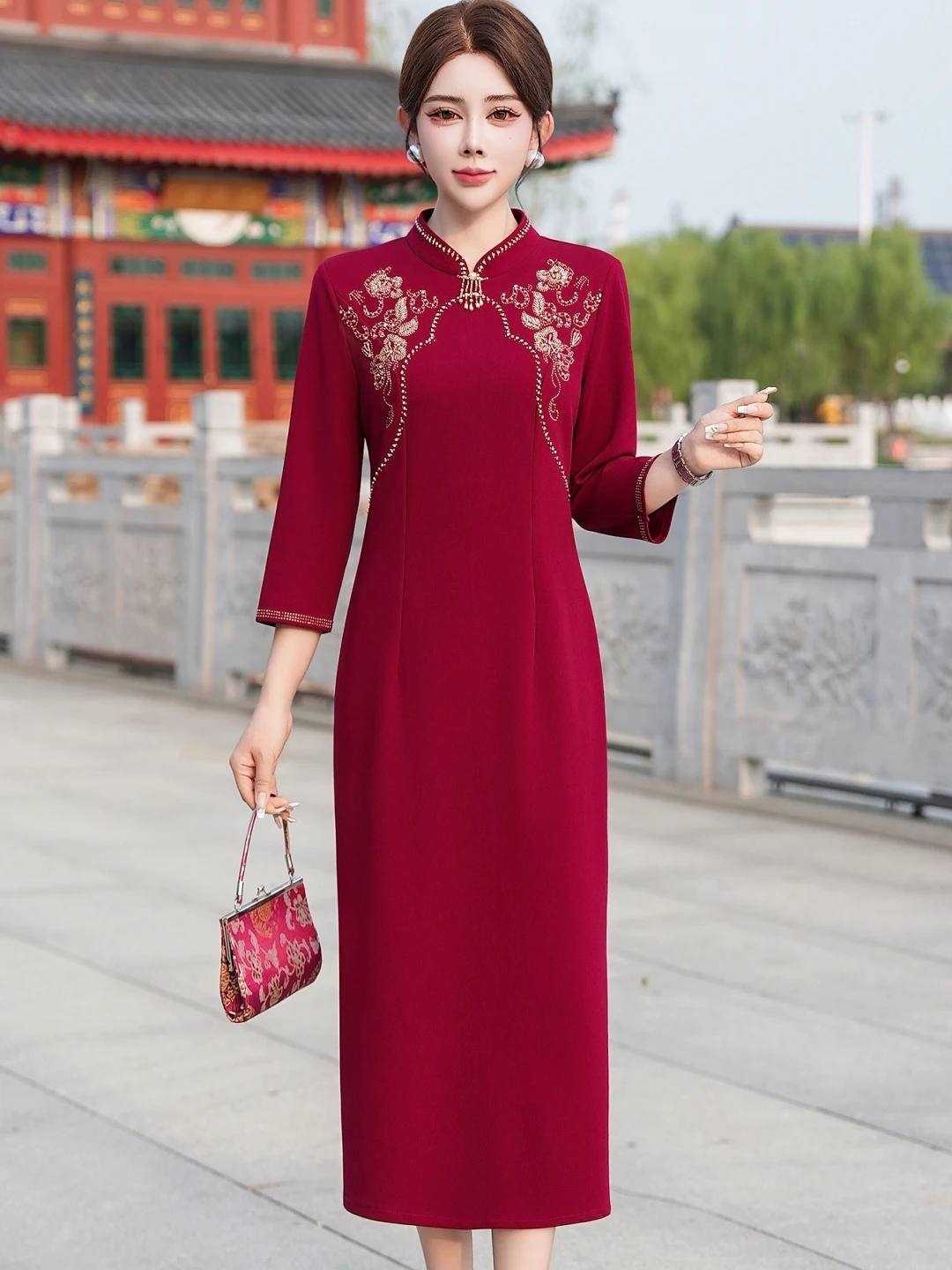 

Ele Vintage Sle Chinese Wedding Dr for Engagement Banquet Young Mothers-in-Law Qipao High Quali Polyester Fiber