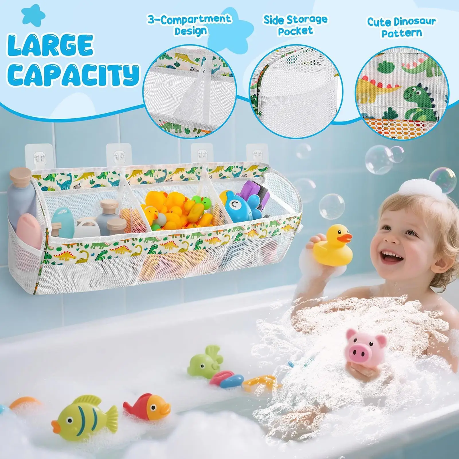 

Bath Toy Organizer Large Dinosaur Bath Toy Storage Organizer Quick-Drying Bag with 4 Adhesive Hooks for Boys Girls Kids Toddler
