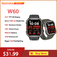 Blackview W60 Rugged Smartwatch 2.01'' HD Display Smart Watch With Emergency Lighting Bluetooth Calling   IP68 Waterproof