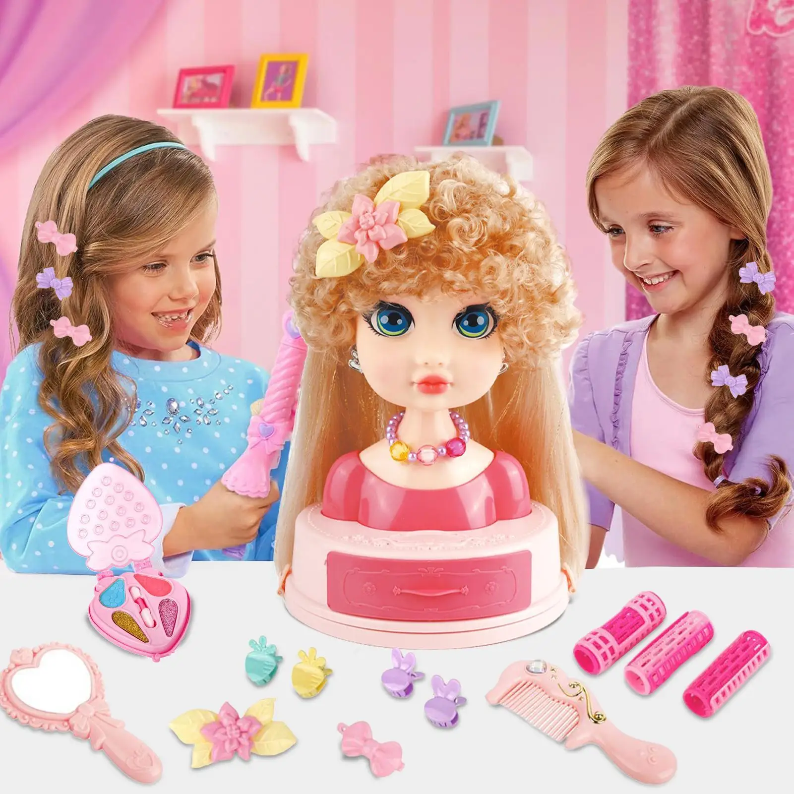 

Hair Styling Doll Head Toy Practice Beauty Set Braiding Practice Hairpins Makeup Beauty For 3-6 Years Old Beginners Girls