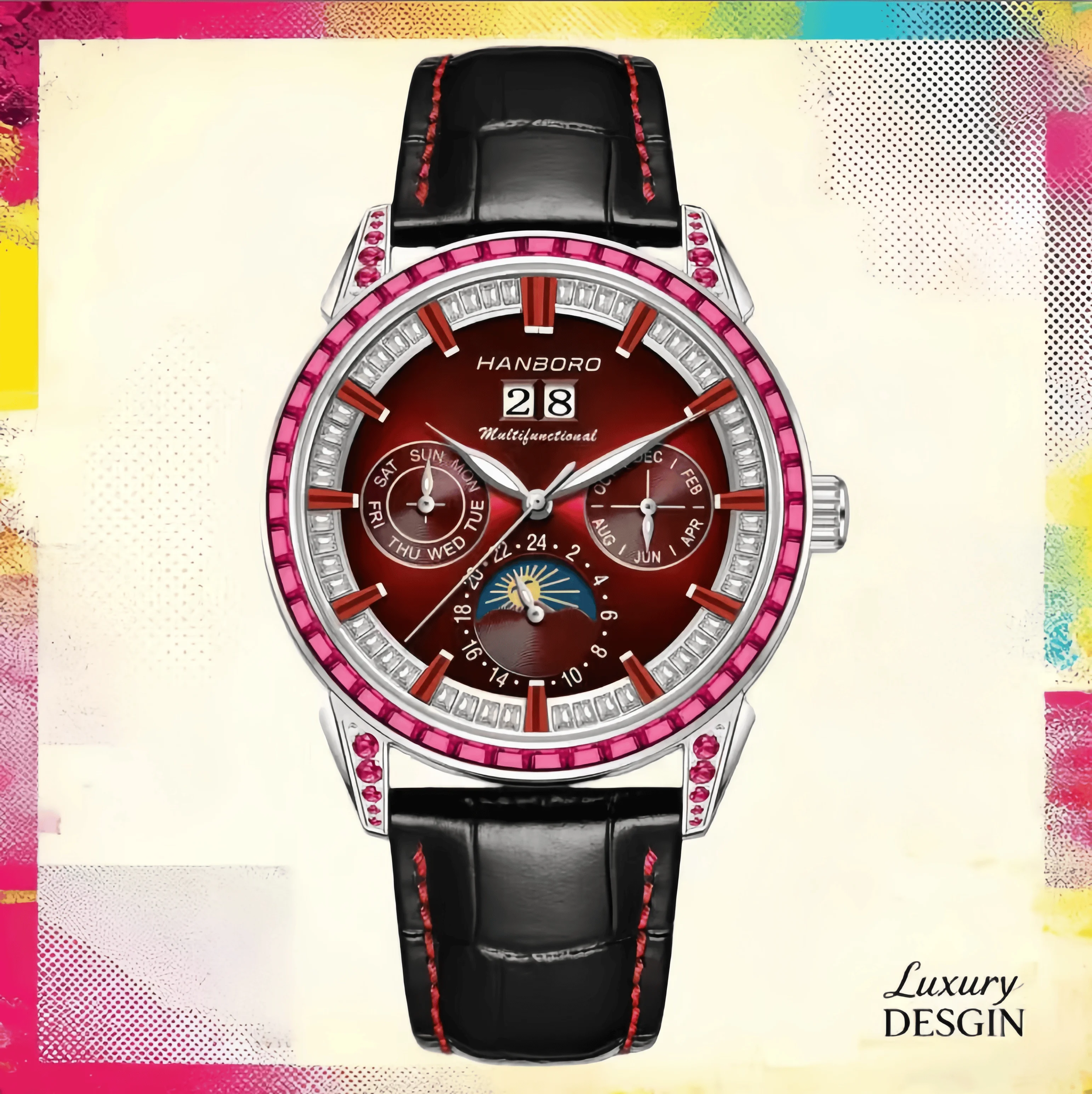 HANBORO Multifunktionale Automatische Herrenuhr, Anzeige für Datum, Woche, Monat und Mondphase, Blaues Zifferblatt mit Diamantlünette, Mechanische Armbanduhr