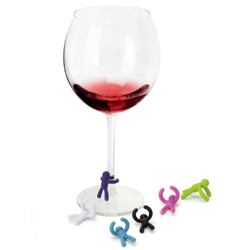 6PCs New Silicone Wine Glass Charms Little Men Cup Markers Party Cocktails Drinking Tags Sign Suction Cup Identifier for Party