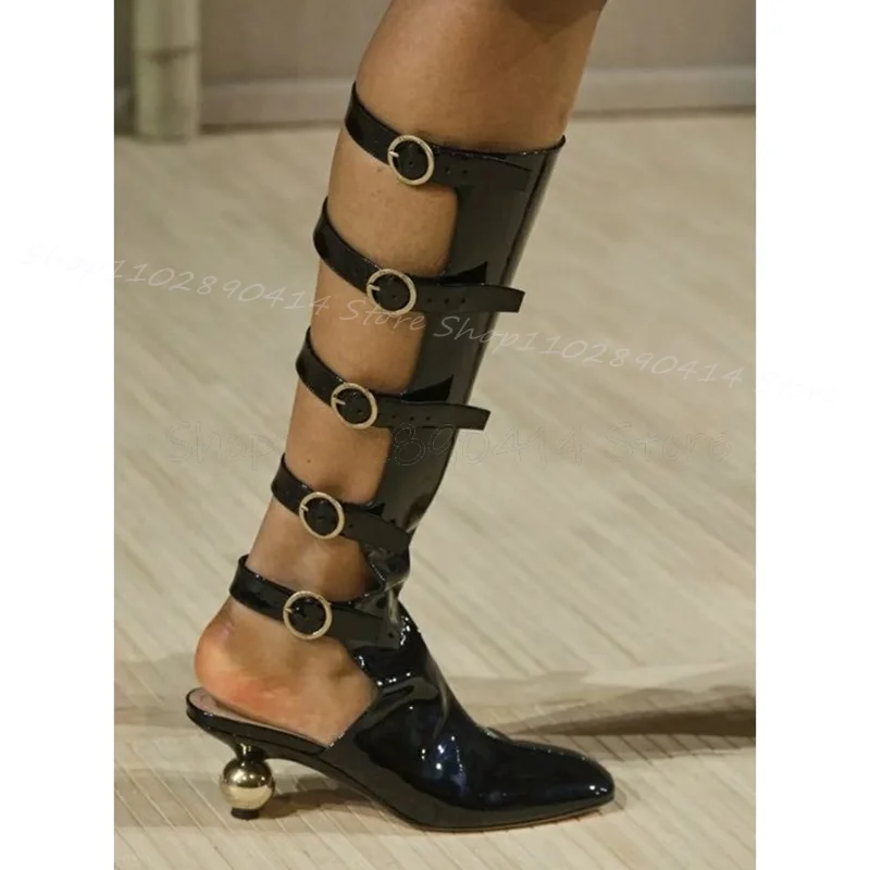 Black Hollow Design Strange Style Heels Sandals Boots Buckle Strap Women Shoes Fashion Banquet Runway 2024 Zapatos Para Mujere