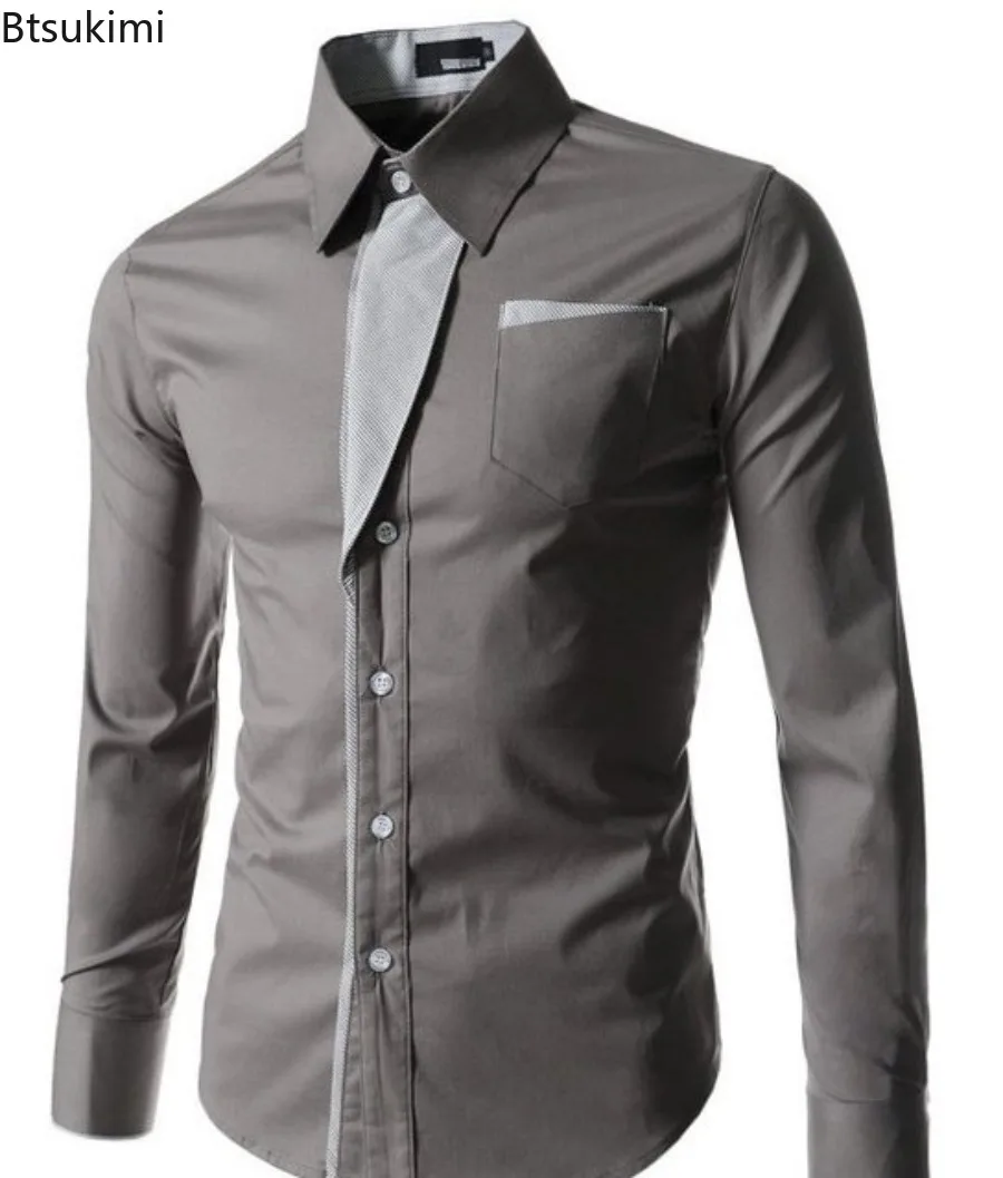 New 2025 Men's Patchwork Long Sleeve Shirts Fashion Slim Business Casual Shirts Striped Colorblock Design Male Blouse Streetwear