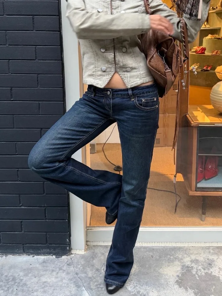 Y2K Vintage Low Waist Flared Jeans Women Plus Size Washed Distressed Denim Slim Fit Bodycon Sexy Draped Casual Streetwear Outfit