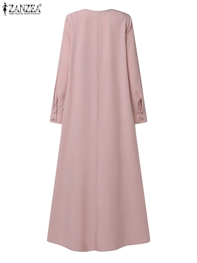 ZANZEA Long Sleeve Casual Loose Maxi Dress Women Autumn O Neck Solid Tiered Vestidos Islamic Hijab Muslim Fashion Abaya Robes