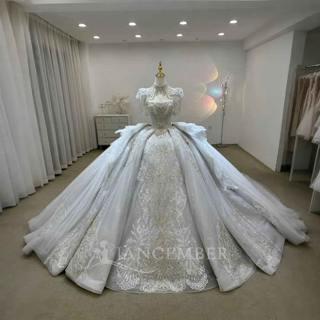 

Customized Exquisite Wedding Dress Sheer High Neck Lace Beaded Short Sleeves Bride Dresses Court Train Vestidos De Noiva
