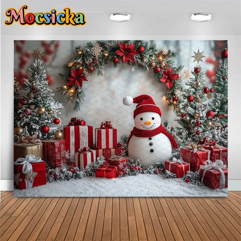 Mocsicka Merry Christmas Backdrop Photography Xmsa Tree White Wall Snowman Gifts Decorations Children Photo Background Wallpaper