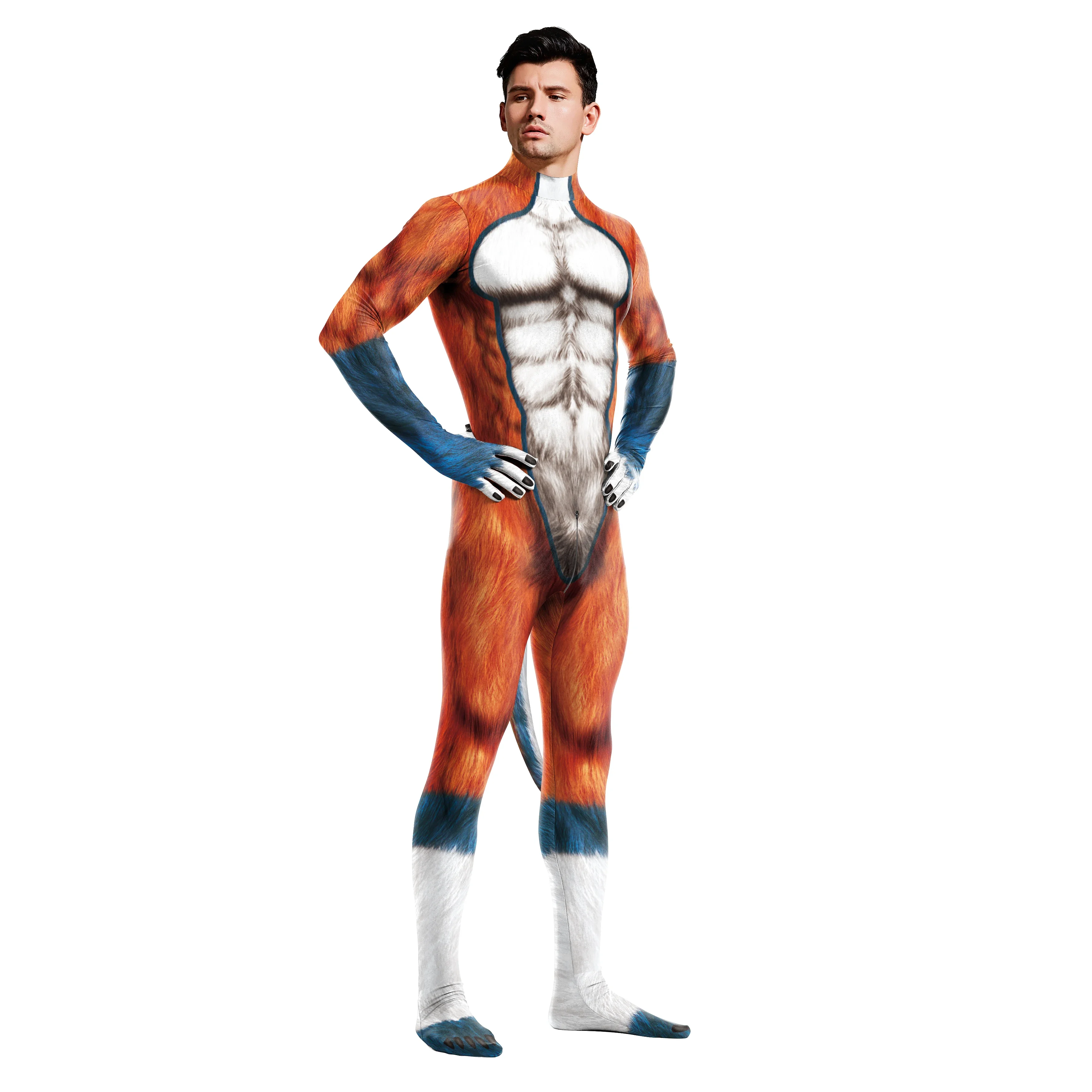 Zawaland Men 3D Crocodile Texture Printed Animal Cosplay Costume Bodysuit with Tail Crotch Zipper Jumpsuits Catsuit Zentai Suits image 3