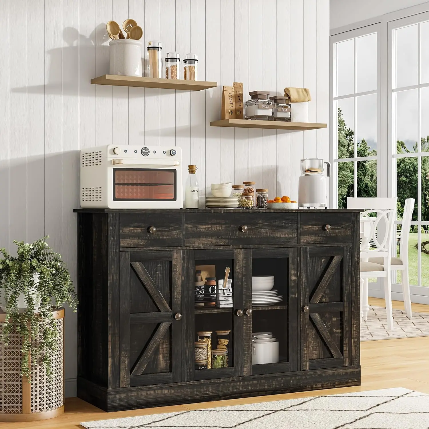

55" Coffee Bar with 4 Glass Doors and 3 Drawers, Sideboard Buffet Cabinet with Storage, Farmhouse Coffee Bar, Customized