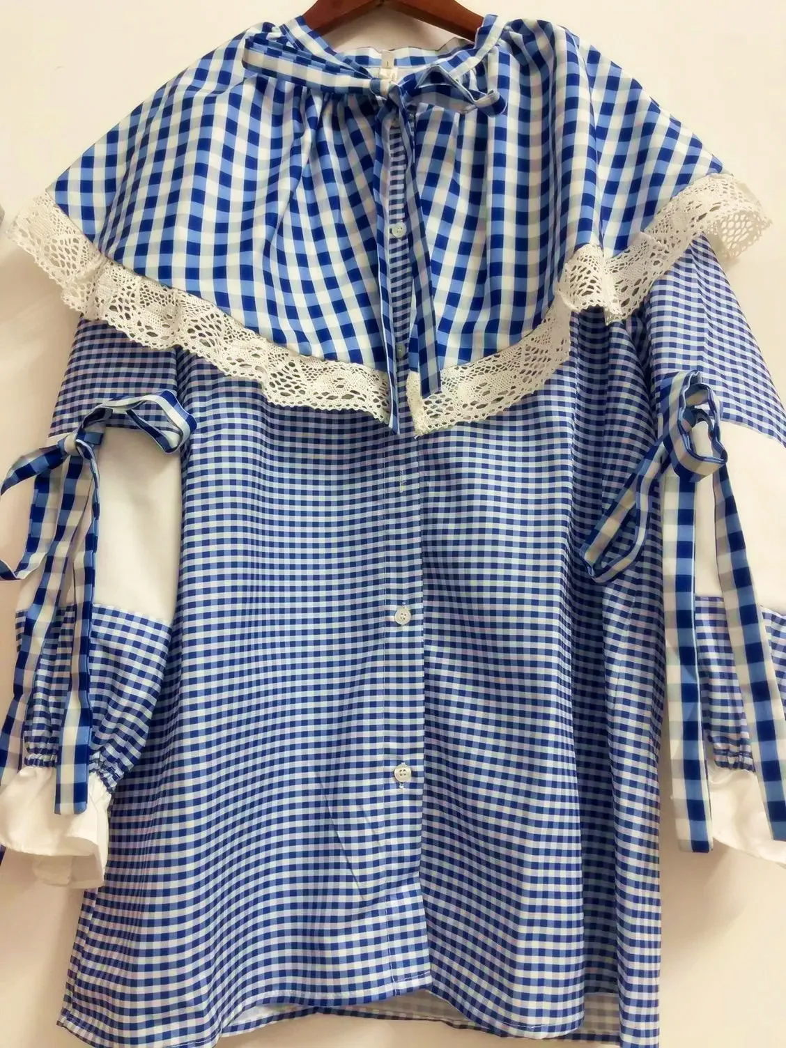 Sweet Women Big Colar Lace Patchwork Blouses Long Lantern Sleeve Ruffles Woman Shirts Blue Plaid Print Tops Blouses Tunic NZ172