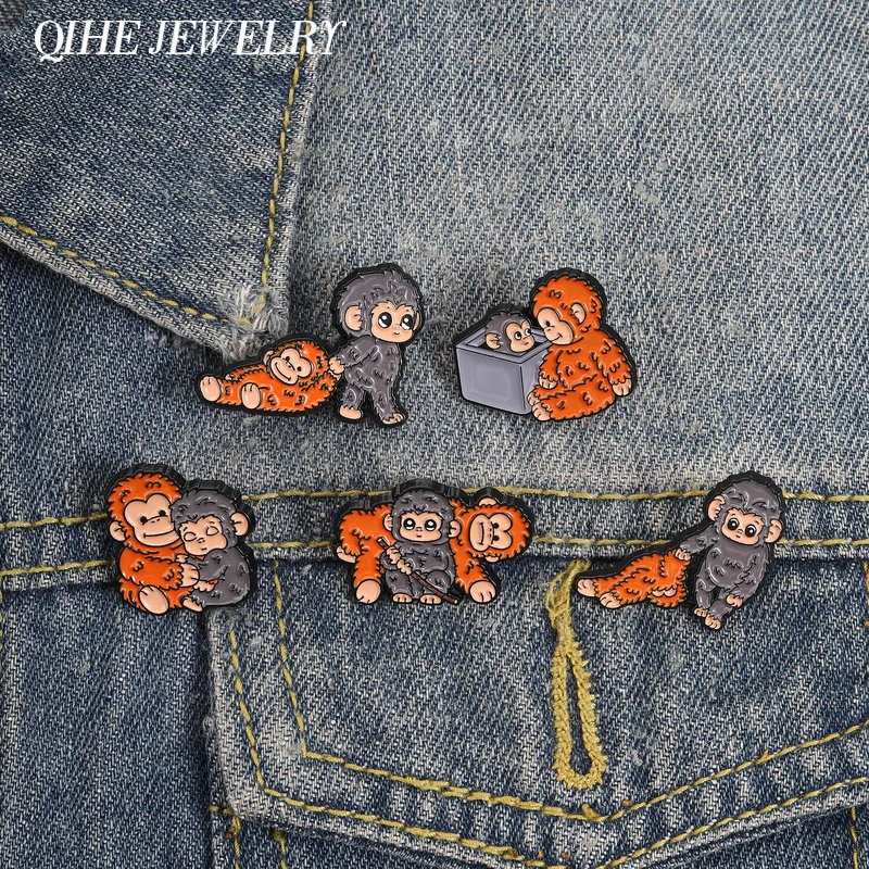 Punch The Monkey Cartoon Enamel Pin Cute Monkey Playing With Orange Chimpanzee Doll Brooch for Backpack Lapel Badge Jewelry Pin