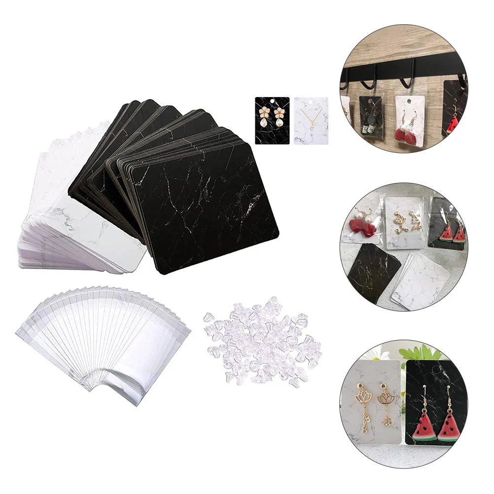 

1Set Jewelry Display Cards Lightweight Paper Necklace Earring Cards Rubber Backs Storage Bags Decorative Marble Pattern for Shop