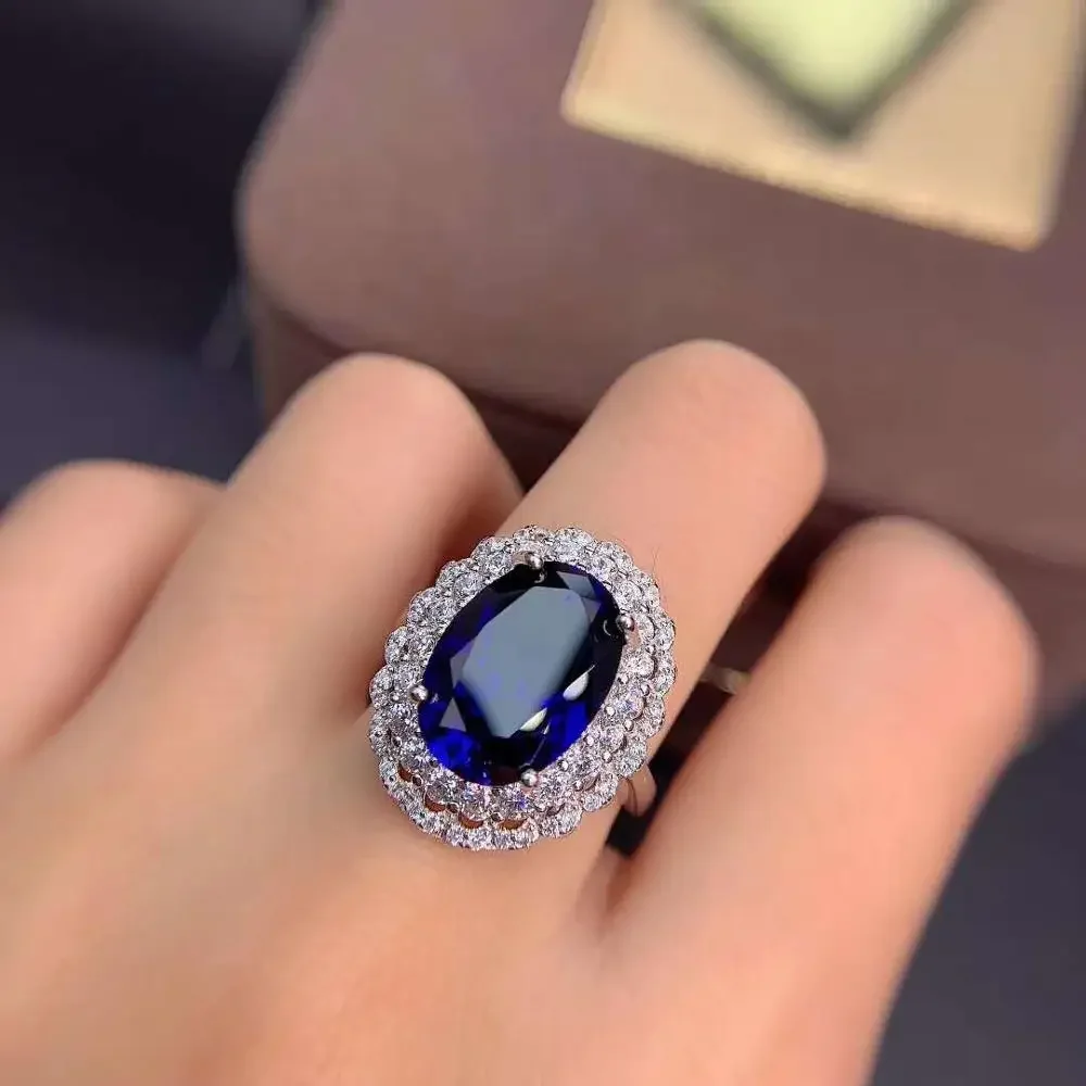 Natural Sapphire Ring Pendant Women\'s S925 Sterling Silver Exquisite Fashion Party Jewelry Set