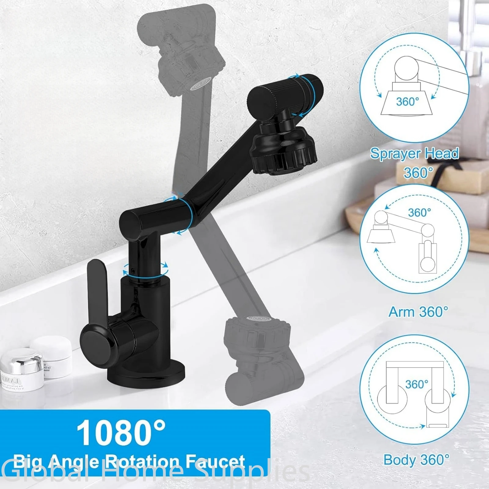 

1080 Degree Swivel Single Hole Single Handel Faucet with Big Angle Rotate Spray for Bathroom Sink 2 Water Outlet Modes