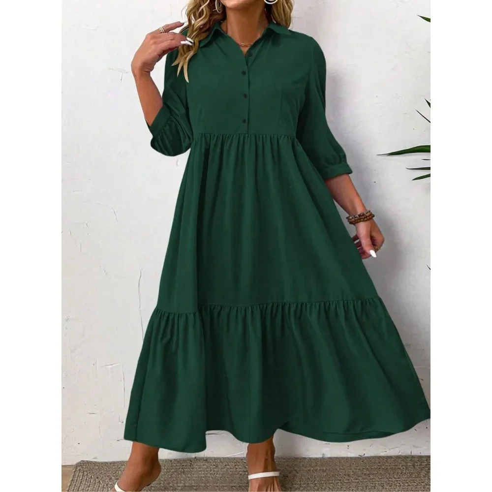 

Повседневное платье больших размеров со складками спереди и пуговицами, рукавами средней длины, модное повседневное женское платье