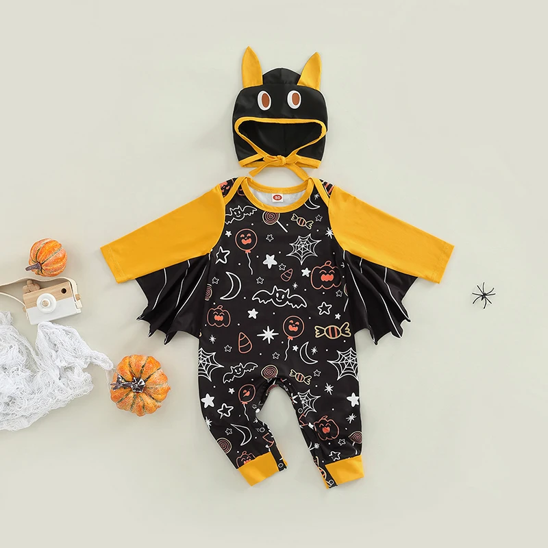 

Infant Halloween Costume Set with Bat Wings Design Romper Long Sleeve Jumpsuit Crew Neck and Adorable Hat