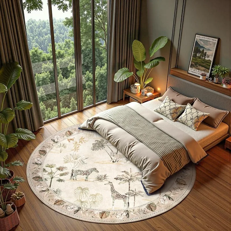 Round Rug with Tropical Flora & Fauna Print – Nordic Style, Machine Washable for Living Room or Bedroom