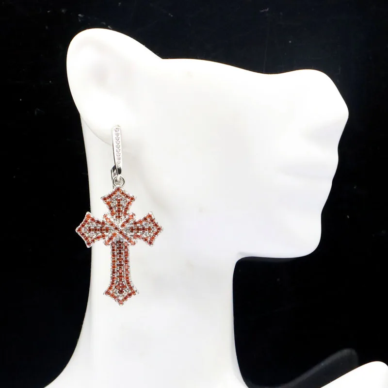 48x24mm Eye Catching Long Cross Tanzanite White Sapphire Orange Spessartine Garnet Ladies Dating Silver Plated Earrings