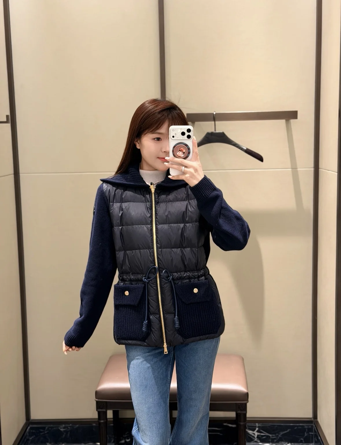 26 Autumn/Winter Knitted Patchwork Down Jacket, Wool Lapel, Waist Drawstring, Women's Style
