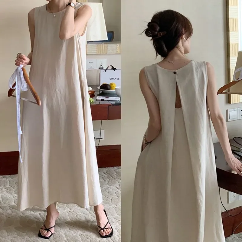 Korean Chic Summer Simple Temperament Round Neck One Button Hollow Backless Sleeveless Vest Dress Long Skirt for Women