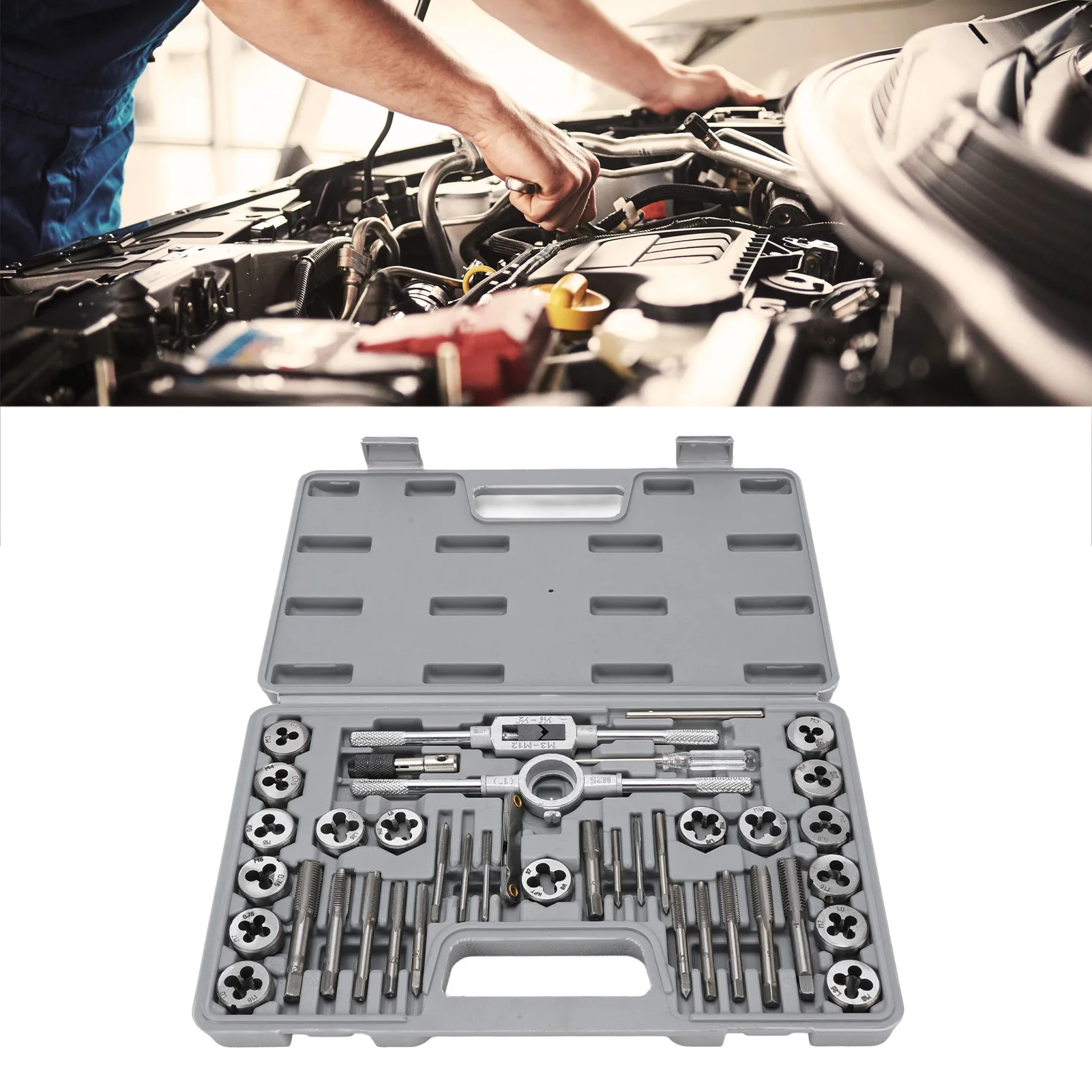 

Профессиональный набор для нарезания резьбы из 40 предметов: метчики и плашки SAE M3 - UNC/UNF-FINE/NPT из легированной стали