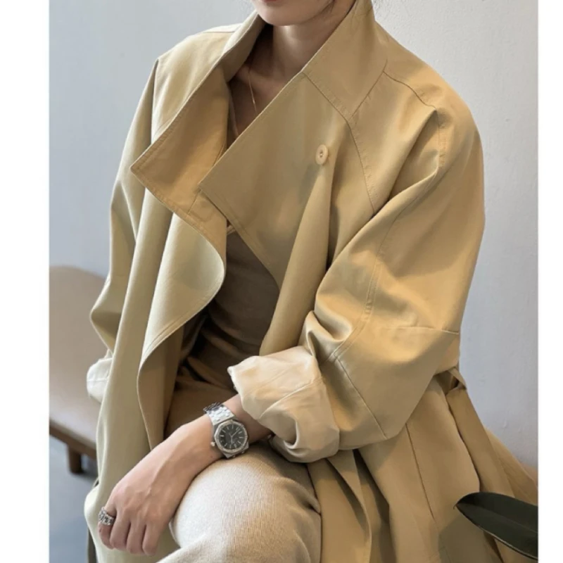 เสื้อแจ็คเก็ตกันลมทรงยาวปานกลางสำหรับผู้หญิง ฤดูใบไม้ผลิ ฤดูใบไม้ร่วง 2026 แฟชั่นใหม่ ทรงหลวม สไตล์ลำลอง สีพื้น ปกเสื้อโค้ท เสื้อคลุมตัวนอกสำหรับผู้หญิง