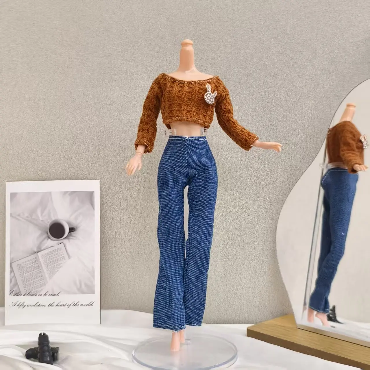 30 cm Puppe Kleidung Zubehör Retro Mode Braun Top + Klassische Amerikanische Denim Hose Anzug Für 1/6 BJD Xinyi FR PP Supermodel Puppe