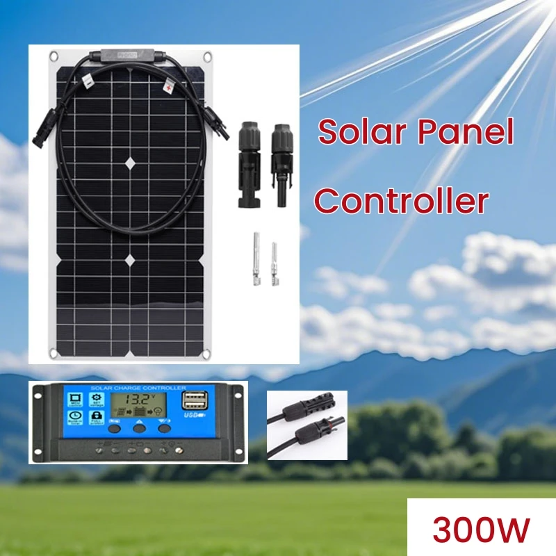 300W(#20W) Solar Panel with 10A-100A Solar Charge Controller 18V Portable Power Bank Kit for Outdoor Camping Phone Car RV Yacht