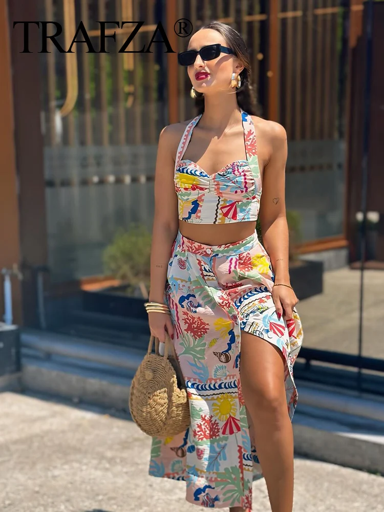 TRAFZA Sexy Sleeveless Backless Print Buttons Mini Sling Top+High Waist Buttons Beach Midi Skirt Fashion Women 2 Piece Set