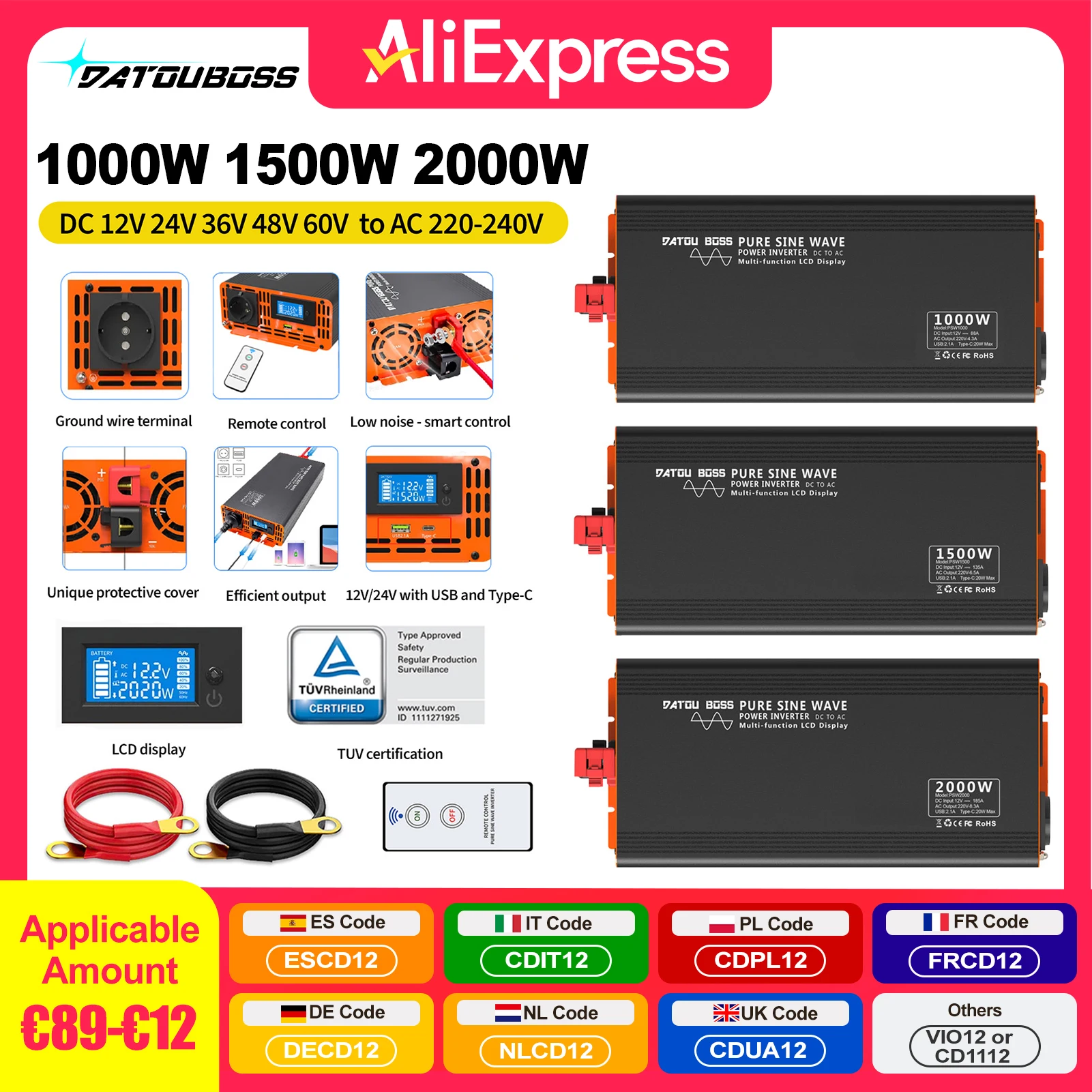 

DATOUBOSS Pure Sine Wave Inverter 1000W 1500W 2000W DC 12V 24V 36V 48V 60V to AC 220V 240V Power Inverter Continuous Power 2000W