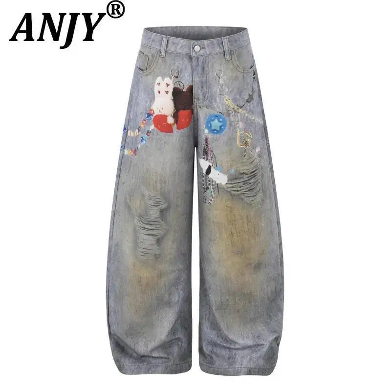 

ANJY Spring Autumn New Women Trend Fashion Street Style 3D Digital Printed Distressed Casual Jeans Stylish Wide Leg Pants A24108