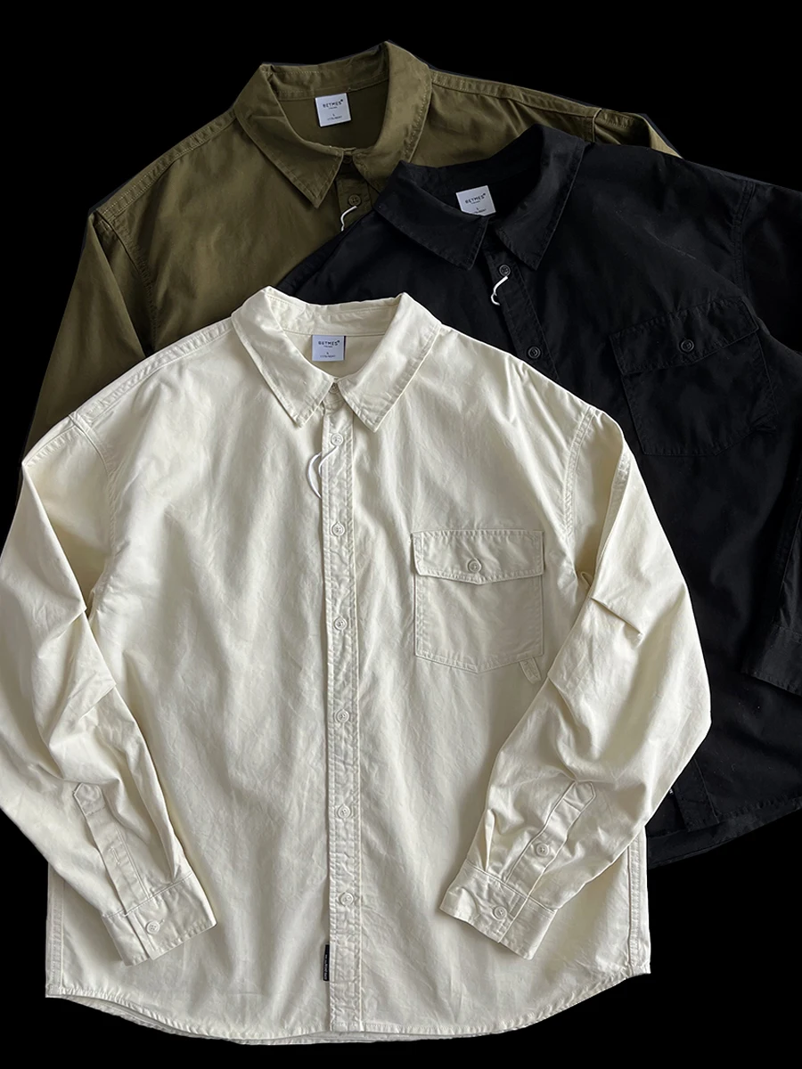 

Trendy Casual Loose Men's Long Sve Cotton irt Vintage American Sle Spring Autumn Wear Breathable Comfortable Youth Fas...