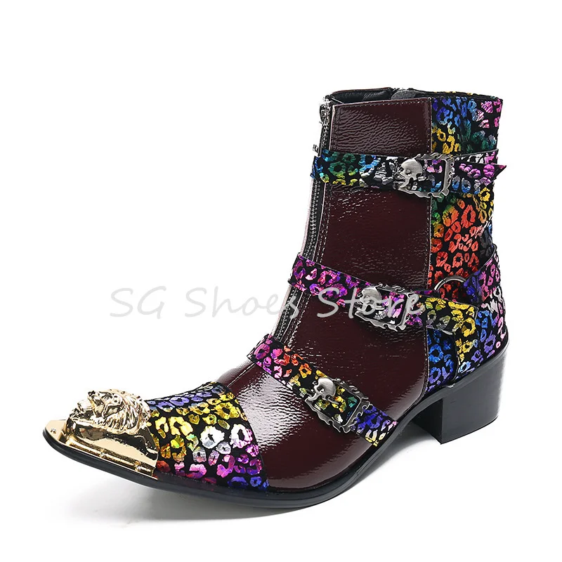 

Mixed Color High Top Chunky Heel Zip Short Boots Male Party Dress Shoes Punk Belt Buckle Metal Pointed Toe Chelsea Boots for Men