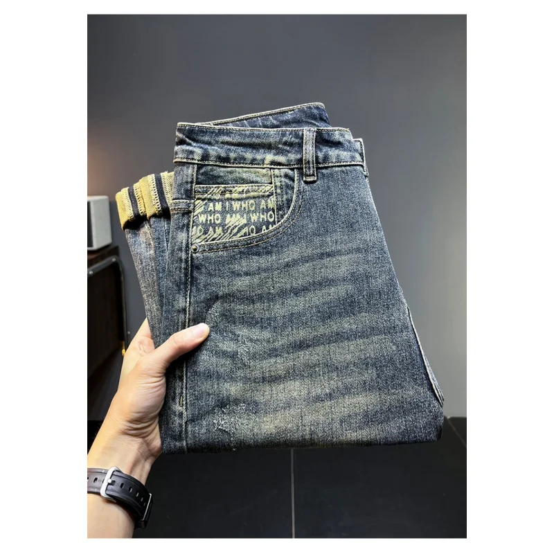 Jeans di fascia alta per uomo 2024 nuovo autunno abbigliamento da uomo Casual All-Match Fashion Vintage Print pantaloni elasticizzati di colore nostalgico