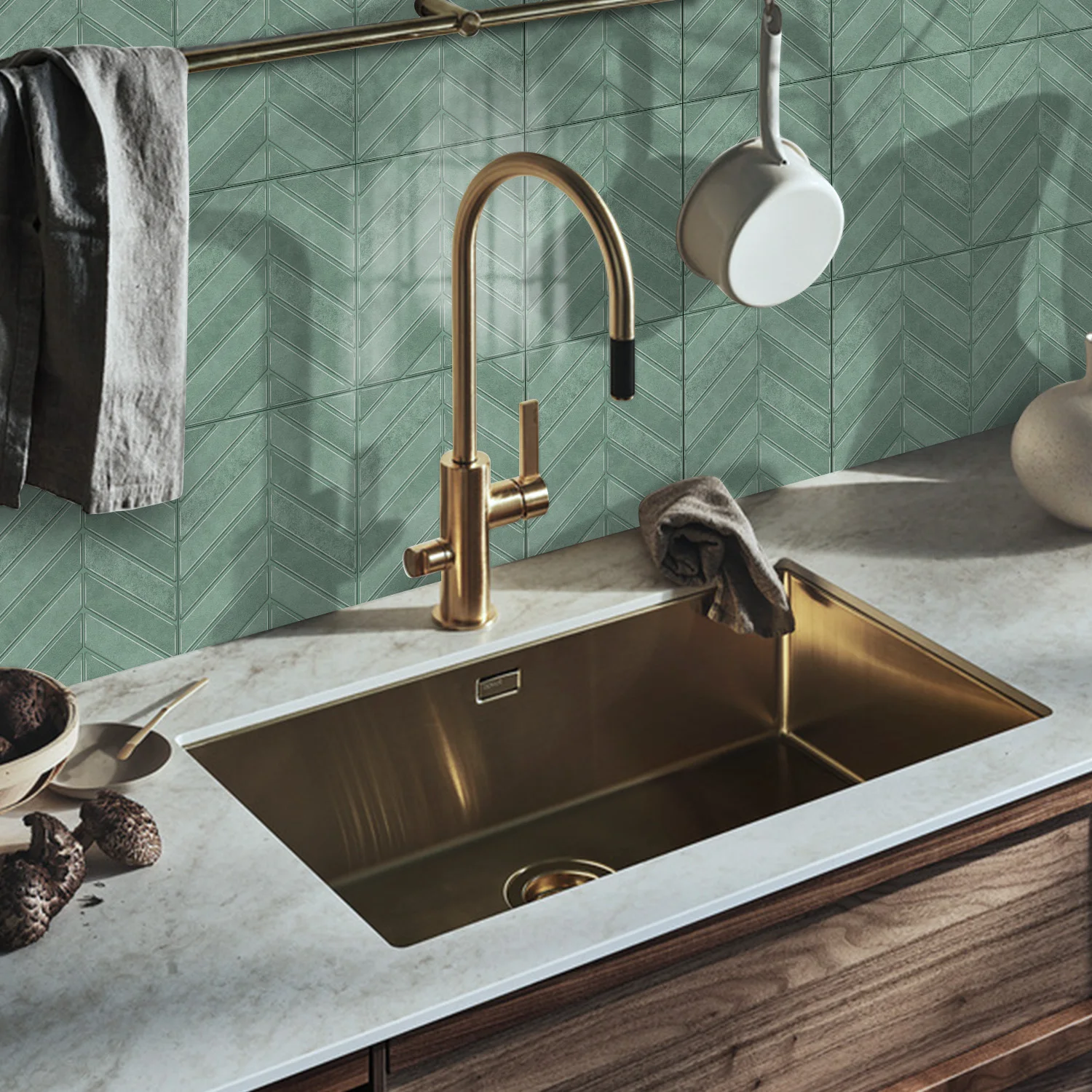 14pcs Imitation Handmade Tile Stickers, Waterproof and Stain-Resistant Self-Adhesive Tiles, Dark Green Herringbone Pattern