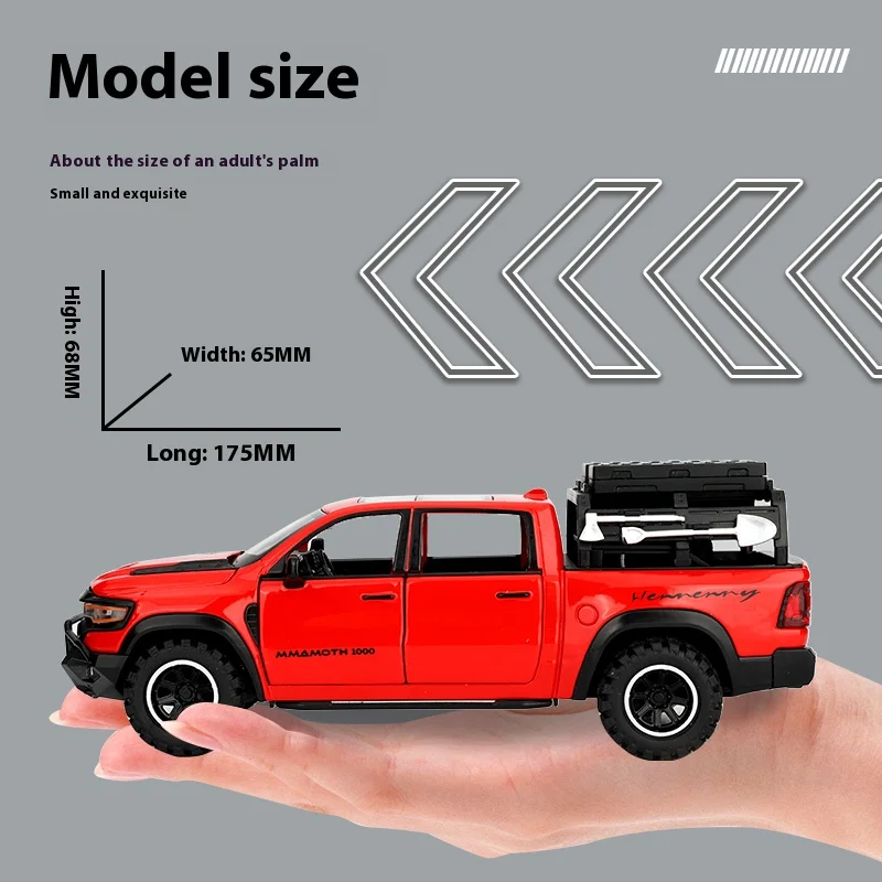 DODGE Mammoth-camioneta de aleación modelo 1000 TRX, vehículo todoterreno de Metal fundido a presión, simulación de sonido y luz, juguete de regalo para niños, 1:32