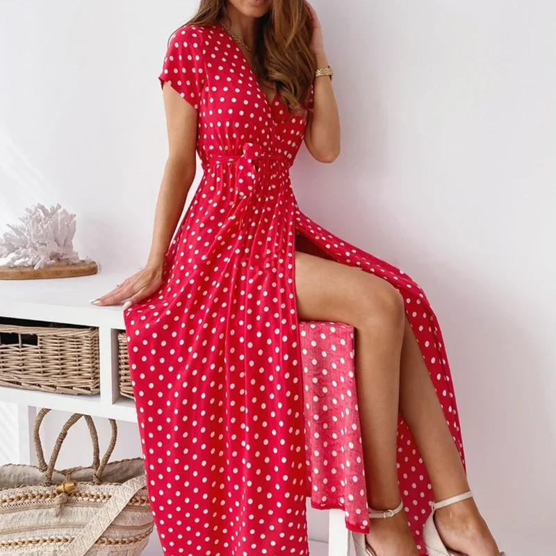 Abito da donna Boho da spiaggia a maniche corte con scollo a V sexy abito da festa stampato manica corta 2021 abito lungo casual estivo con stampa a pois