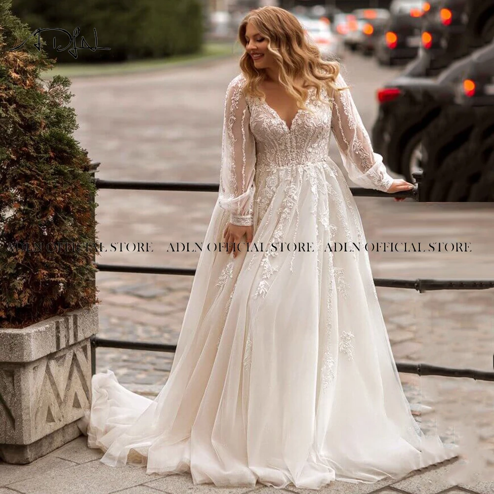 Gorgeous A-line Plus Size Wedding Dresses Customized Long Sleeve Bridal Gown Sweep Train Oversize Bride Dress Robe de Mariee