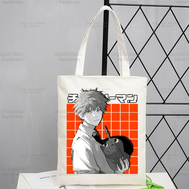 Chainsawman Kawaii Pochita Denji Shopping Bag Bolsas De Tela Shopper motosega uomo Anime Shopping borsa di iuta borsa di cotone iuta Sacola