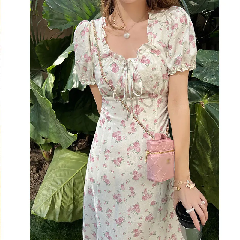 French Floral Print Puff Sleeve Tie Front Split Dress Women Ruched Drawstring Party Holiday Long Dress Korean Vestidos Sundress